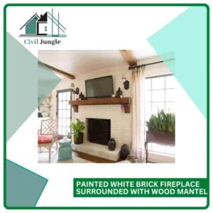 Painted White Brick Fireplace Surrounded With Wood Mantel